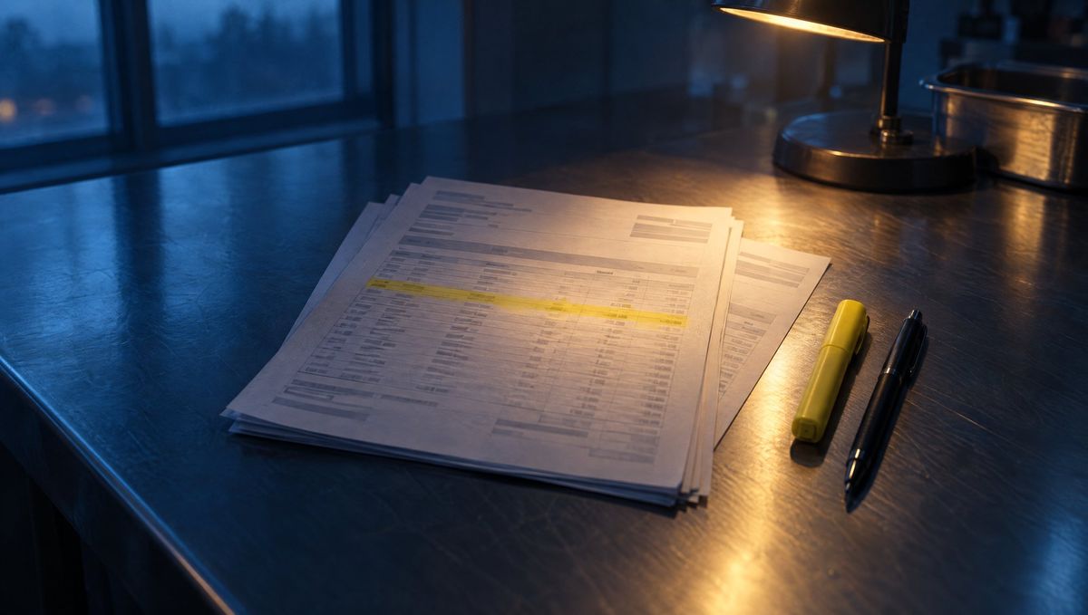 Printed invoices with one line highlighted, on a steel counter under a desk lamp