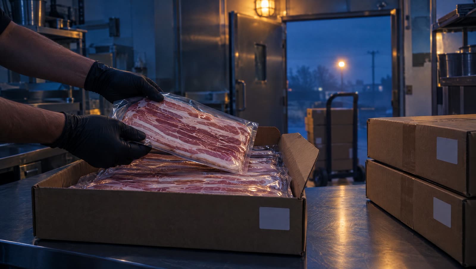 Gloved hands unpacking sealed bacon from a delivery case on a prep counter