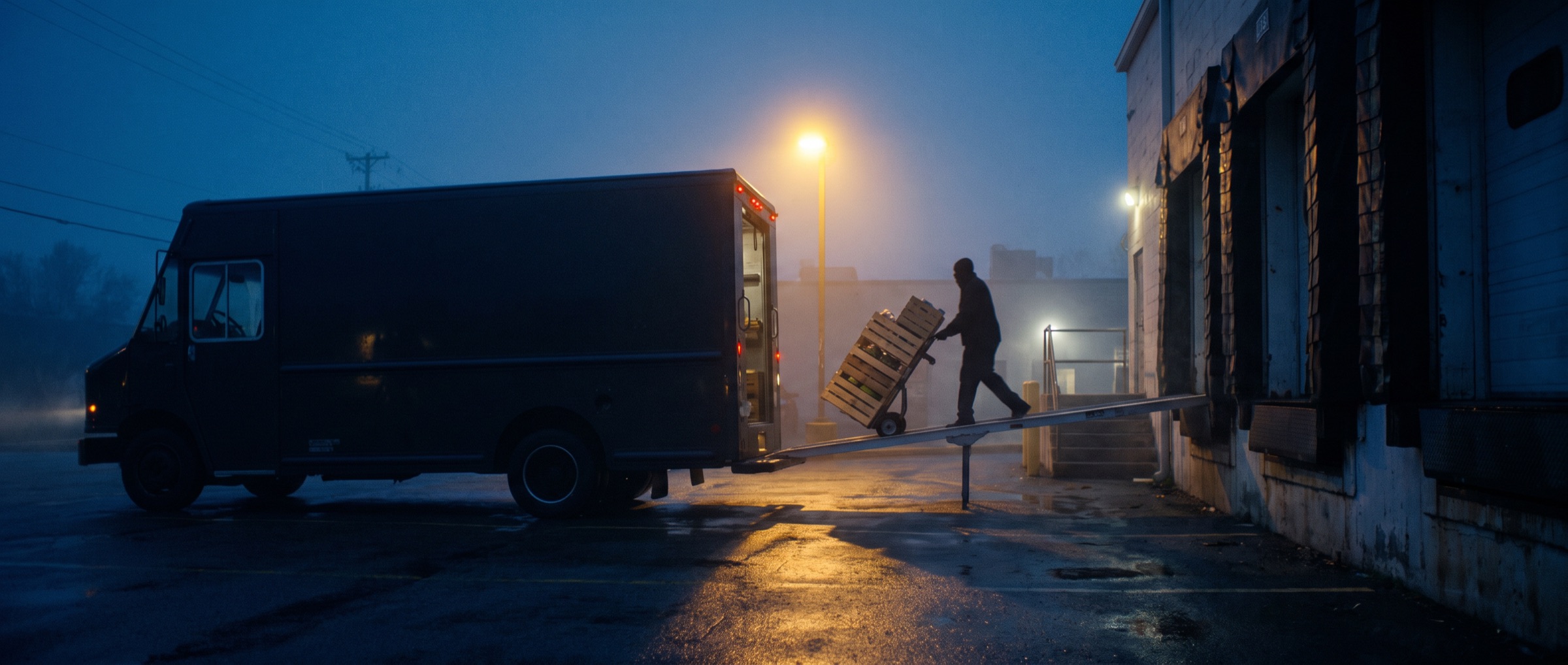 A delivery driver wheeling cases off a box truck at a foggy loading dock
