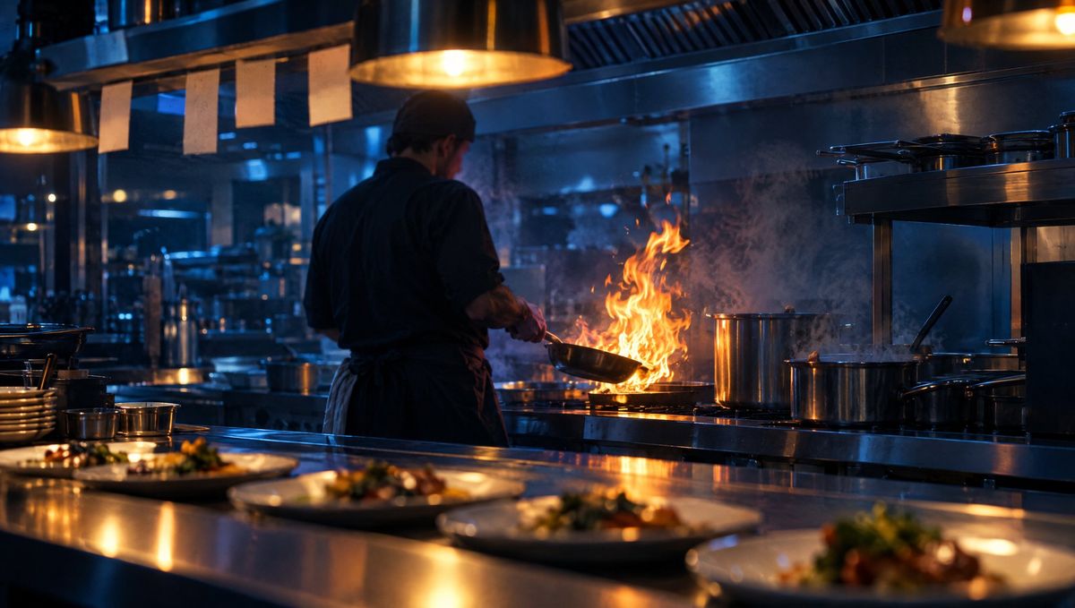 A cook working a flaming pan on a busy line, finished plates in the foreground
