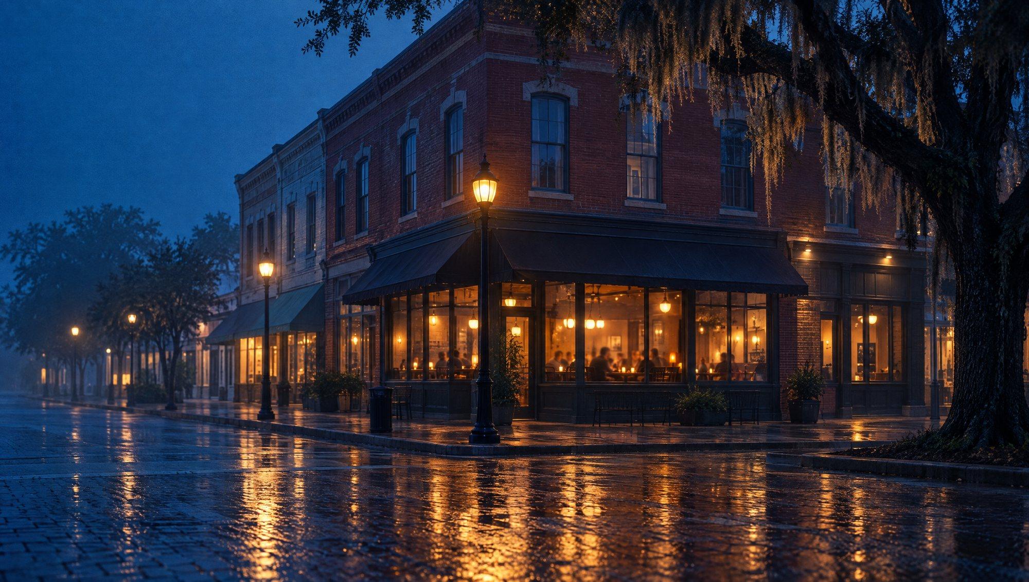 A warm-lit corner restaurant on a small-town main street on a rainy evening